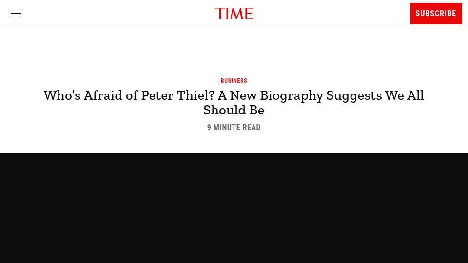 Screenshot of time.com: Who's Afraid of Peter Thiel? A New Biography Suggests We All Should Be (2021)