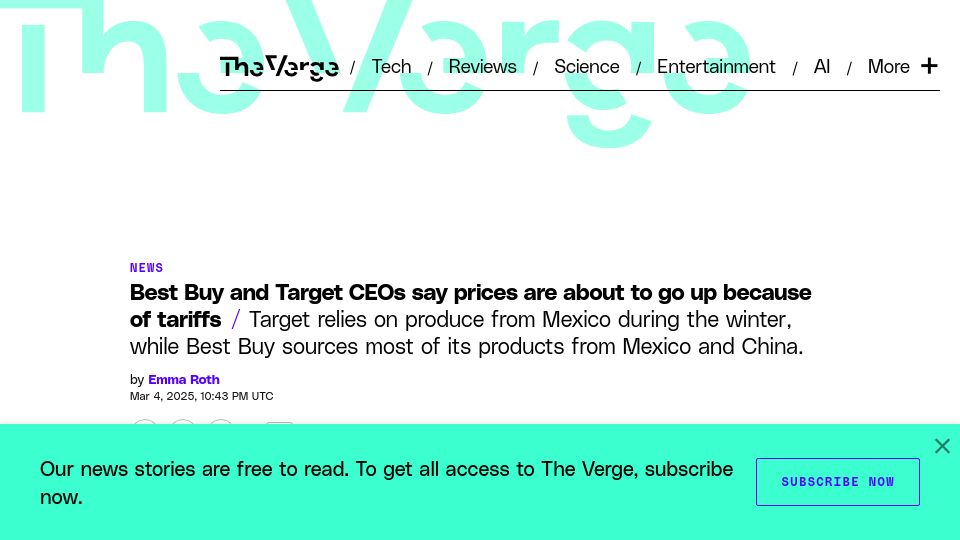 Screenshot of theverge.com: Best Buy and Target CEOs say prices are about to go up because of tariffs