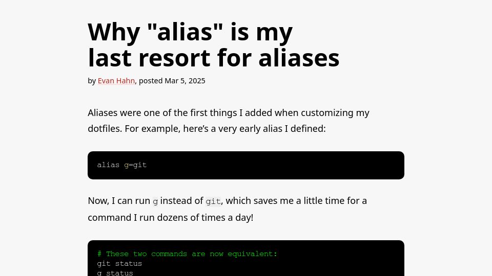 Screenshot of evanhahn.com: Why “alias” is my last resort for aliases
