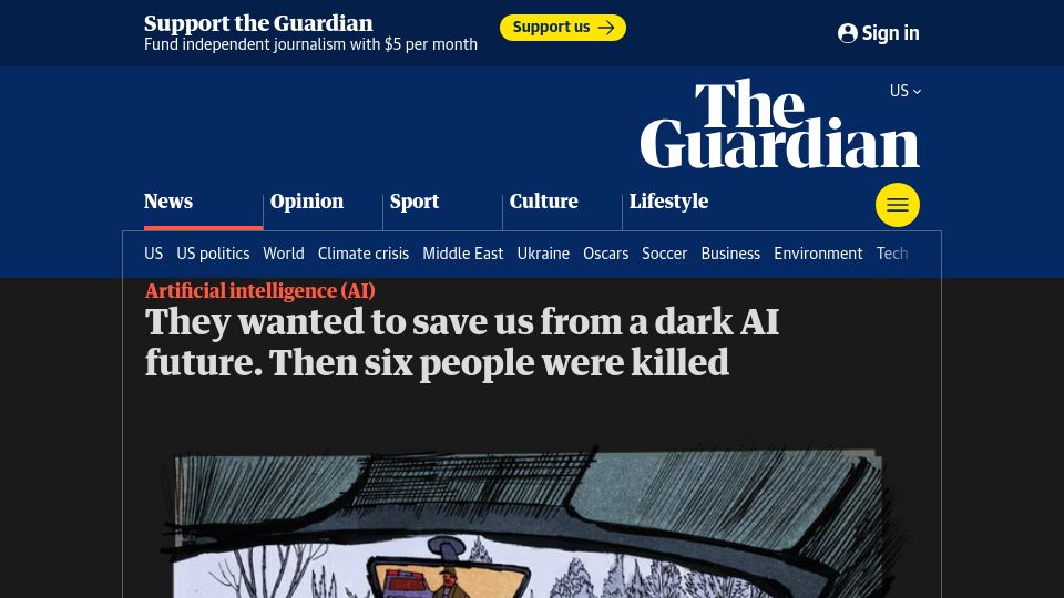 Screenshot of theguardian.com: They wanted to save us from a dark AI future. Then six people were killed