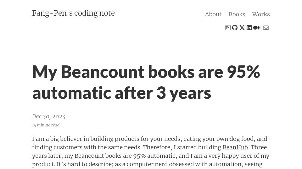 Screenshot of fangpenlin.com: My Beancount books are 95% automatic after 3 years (2024)