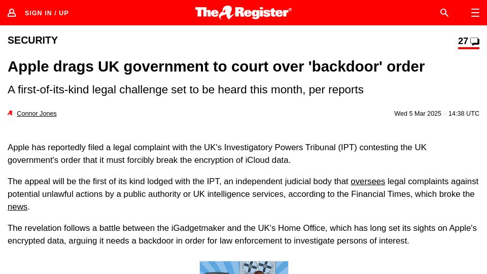 Screenshot of theregister.com: Apple takes UK to court over 'backdoor' order