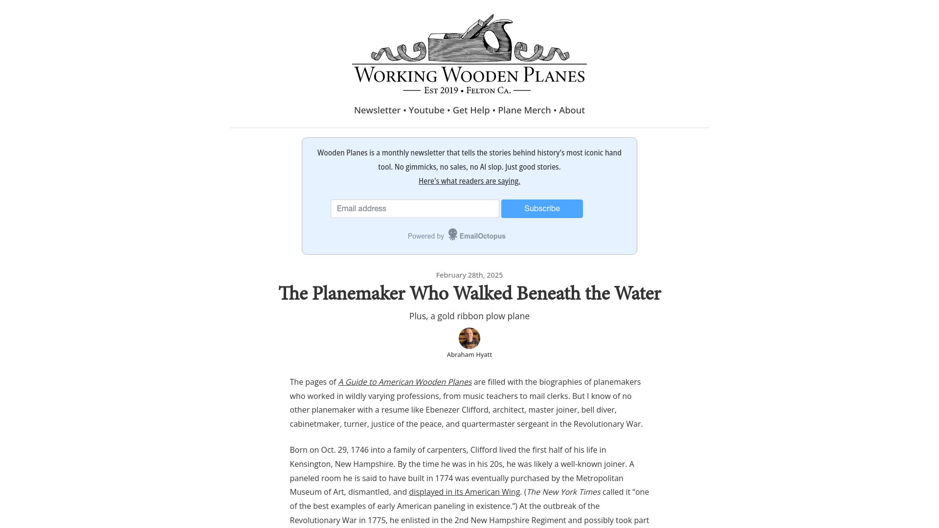 Screenshot of workingwoodenplanes.com: The Planemaker Who Walked Beneath the Water