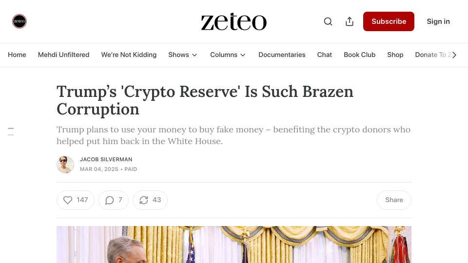 Screenshot of zeteo.com: Trump's 'Crypto Reserve' Is Such Brazen Corruption