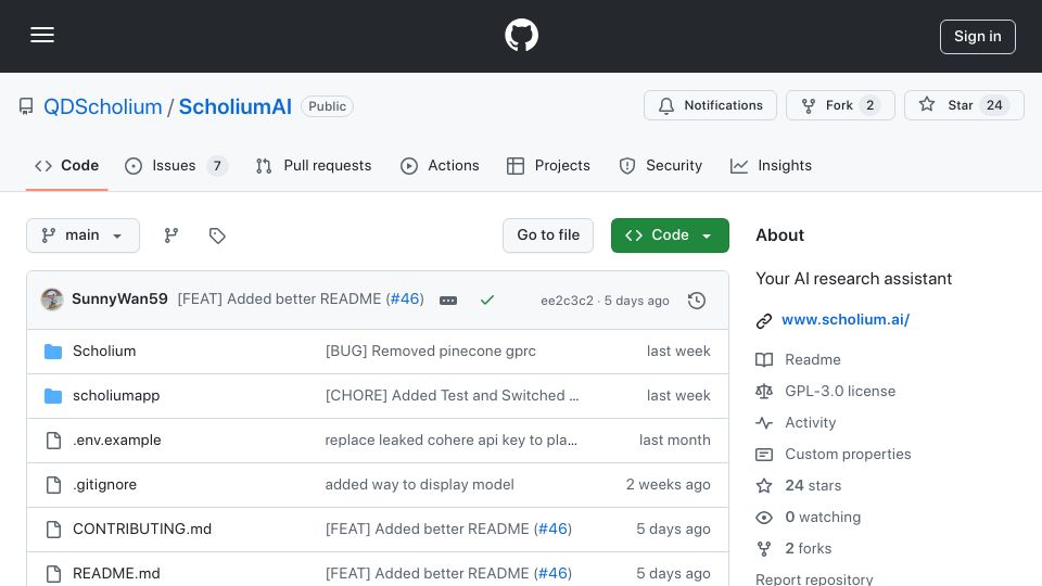 Screenshot of github.com: Show HN: Scholium, Your Own Research Assistant