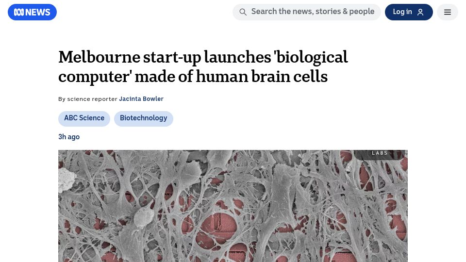 Screenshot of abc.net.au: Melbourne startup launches 'biological computer' made of human brain cells