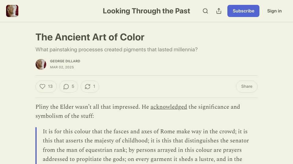 Screenshot of worldhistory.substack.com: The Ancient Art of Color