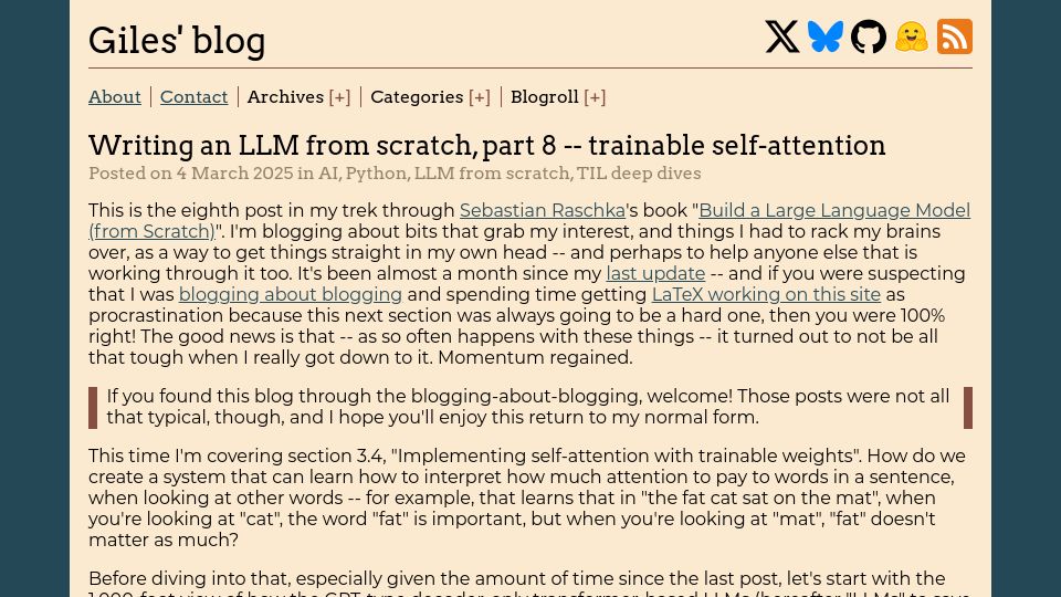 Screenshot of gilesthomas.com: Writing an LLM from scratch, part 8 – trainable self-attention