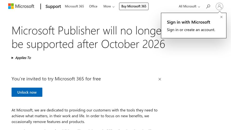 Screenshot of support.microsoft.com: Microsoft Publisher will no longer be supported after October 2026
