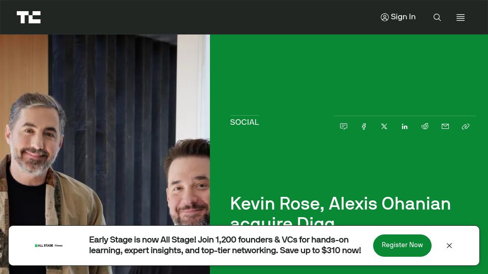 Screenshot of techcrunch.com: Kevin Rose, Alexis Ohanian Acquire Digg