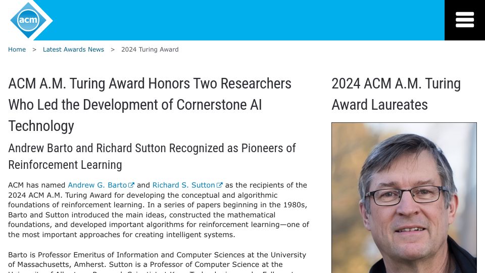 Screenshot of awards.acm.org: Richard Sutton and Andrew Barto Win 2024 Turing Award