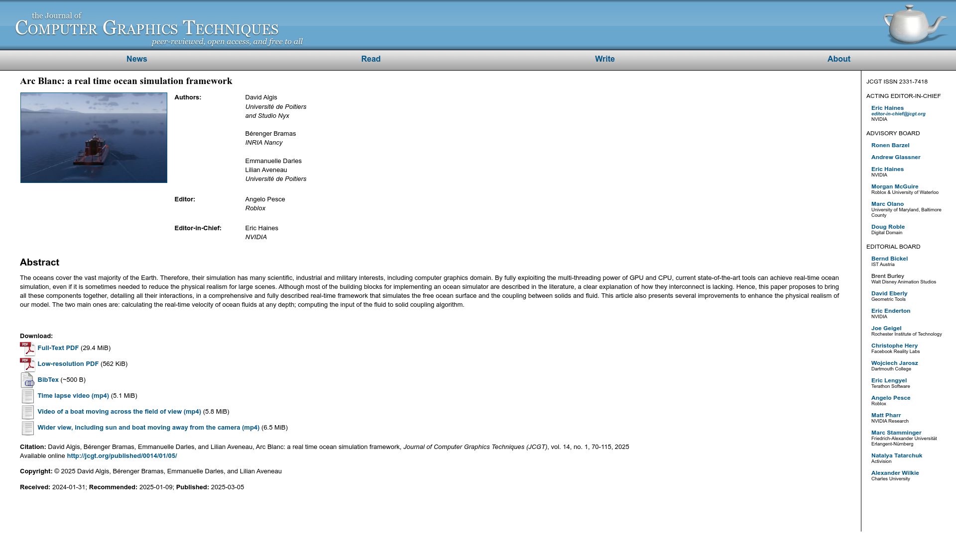 Screenshot of jcgt.org: JCGT – Arc Blanc: a real time ocean simulation