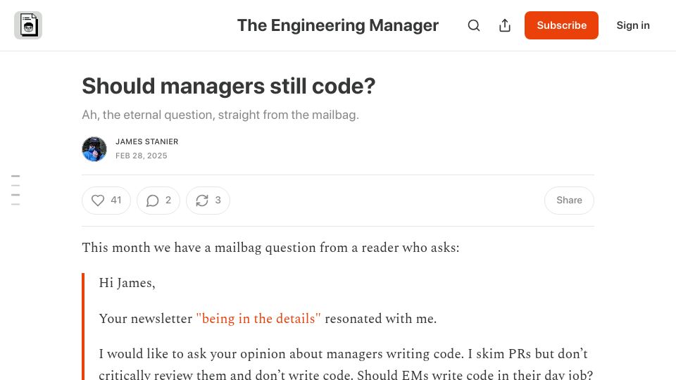 Screenshot of theengineeringmanager.substack.com: Should managers still code?