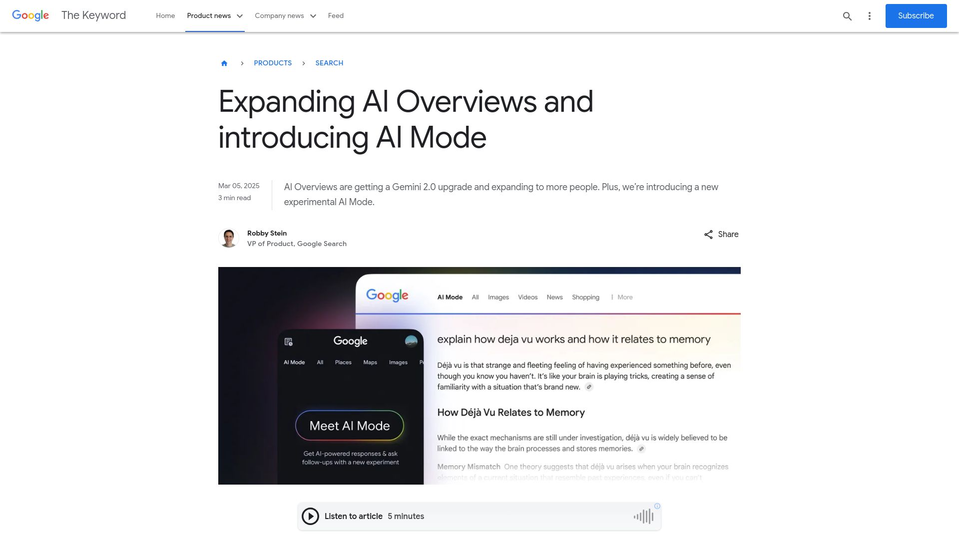 Screenshot of blog.google: Expanding AI Overviews and Introducing AI Mode
