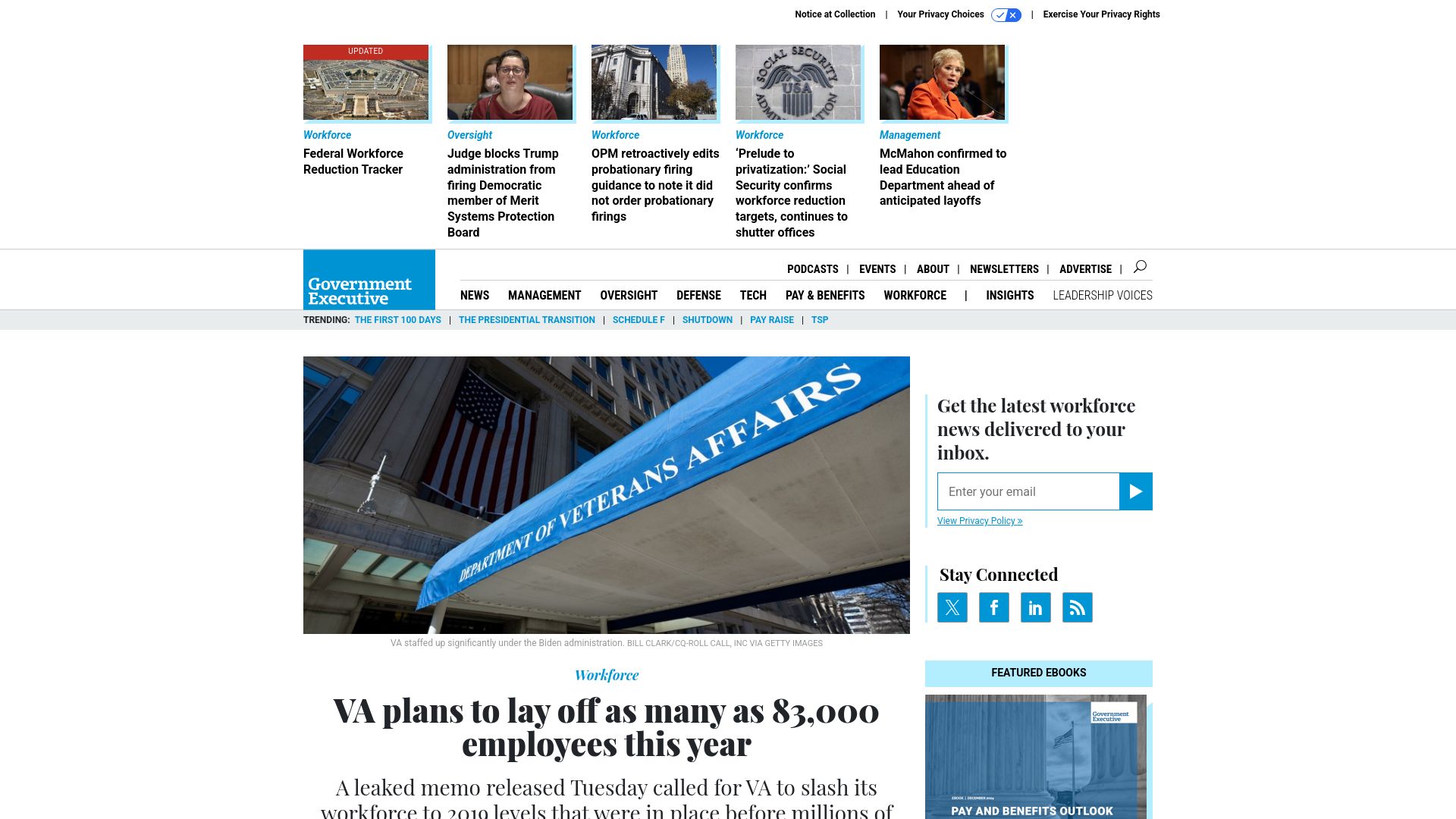 Screenshot of govexec.com: Leaked VA memo calls for up to 83,000 layoffs to reduce workforce to 2019 levels