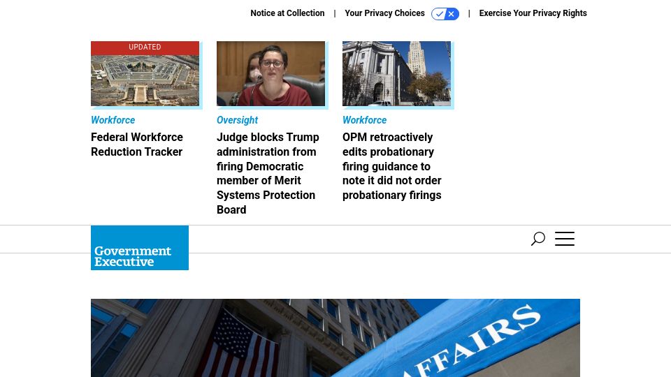Screenshot of govexec.com: Leaked VA memo calls for up to 83,000 layoffs to reduce workforce to 2019 levels