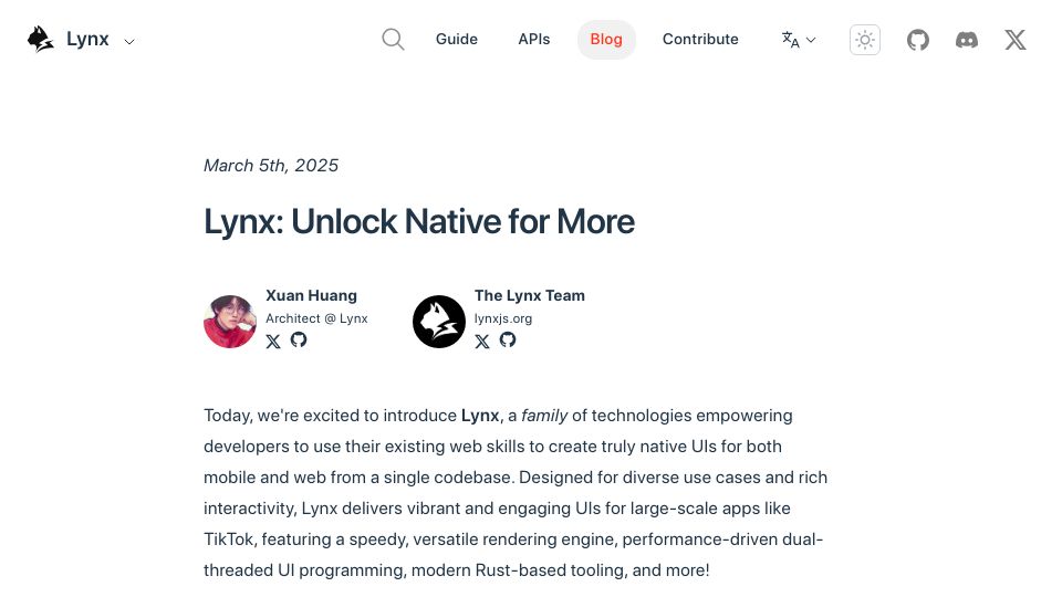 Screenshot of lynxjs.org: Lynx: Open Source Native Cross Platform framework used in TikTok