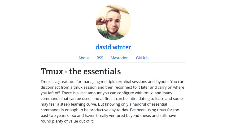 Screenshot of davidwinter.dev: Tmux – The Essentials (2019)