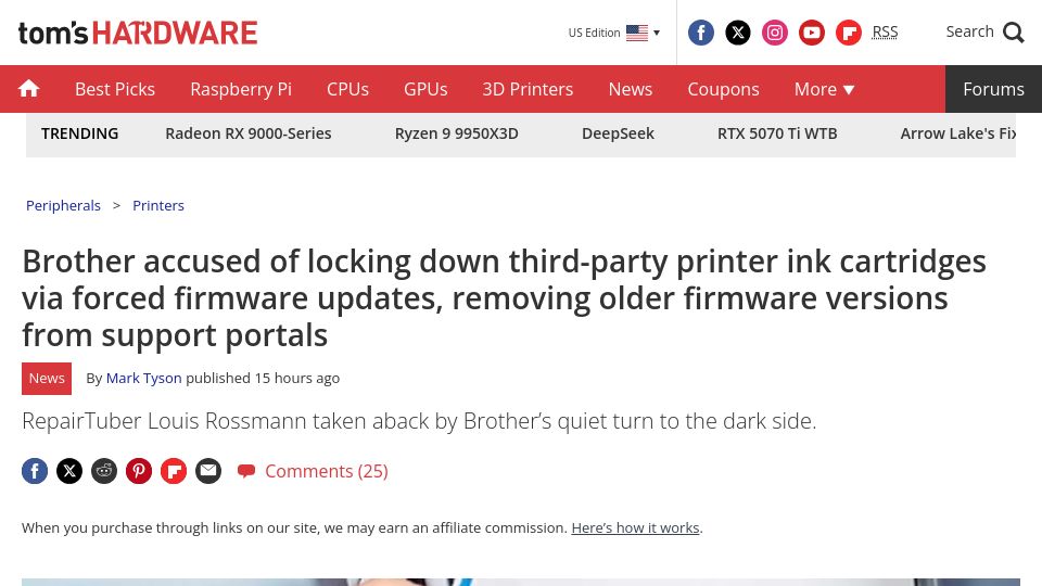 Screenshot of tomshardware.com: Brother accused of locking down third-party printer ink cartridges