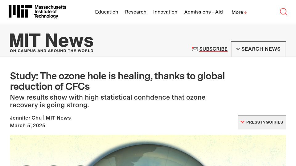 Screenshot of news.mit.edu: Study: The ozone hole is healing, thanks to global reduction of CFCs