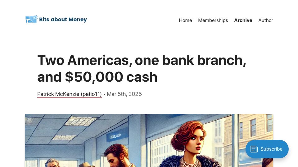 Screenshot of bitsaboutmoney.com: Two Americas, one bank branch, and $50k cash