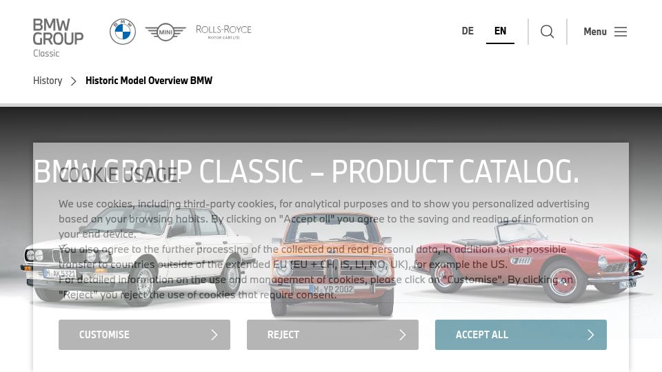 Screenshot of bmwgroup-classic.com: BMW Group Product Catalog–Historic Models