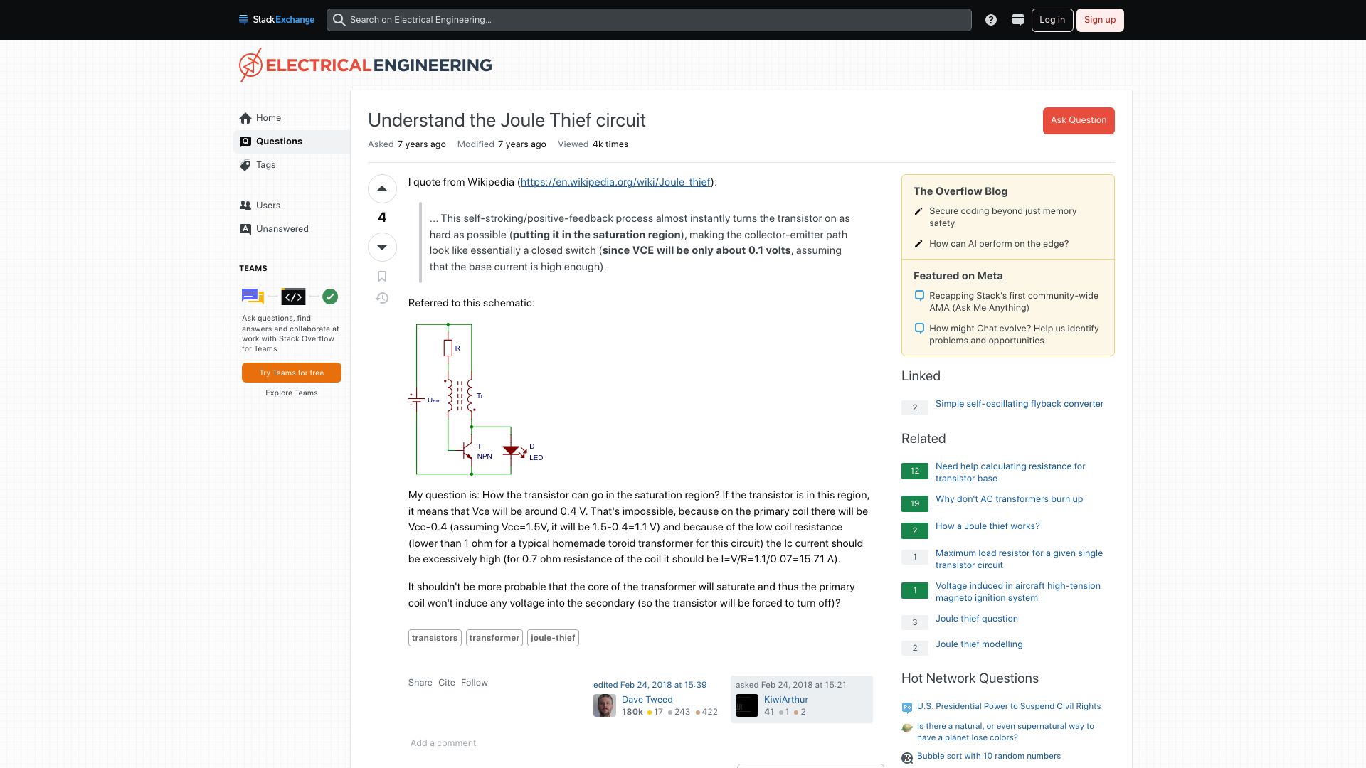 Screenshot of electronics.stackexchange.com: Understand the Joule Thief Circuit
