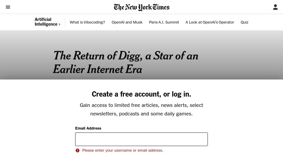 Screenshot of nytimes.com: The Return of Digg, a Star of an Earlier Internet Era