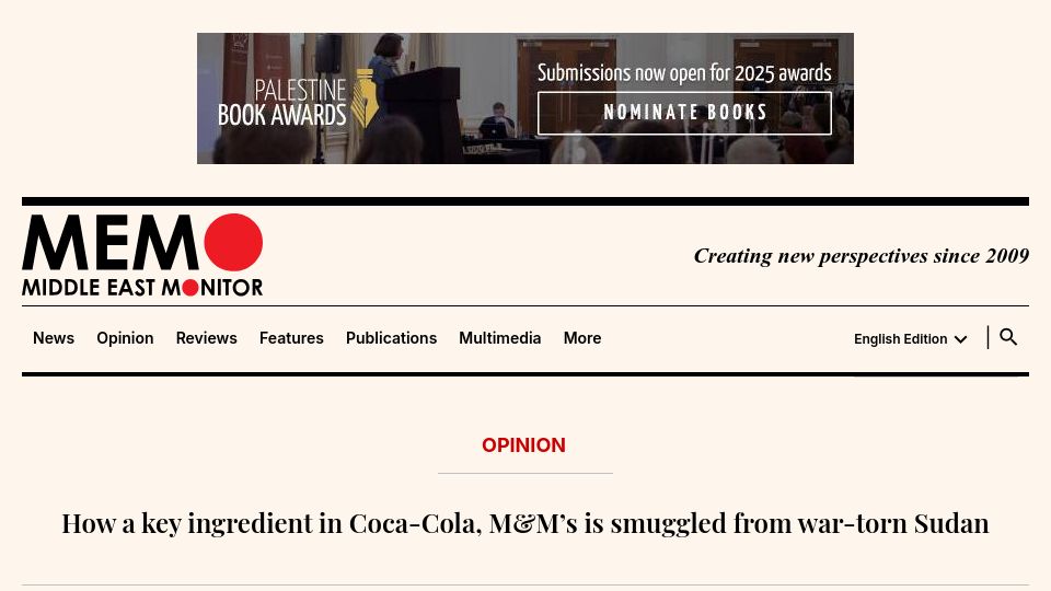 Screenshot of middleeastmonitor.com: How a key ingredient in Coca-Cola, M&M's is smuggled from war-torn Sudan
