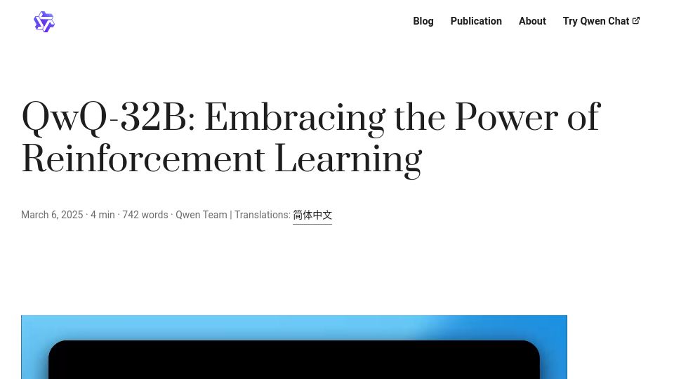 Screenshot of qwenlm.github.io: QwQ-32B: Embracing the Power of Reinforcement Learning