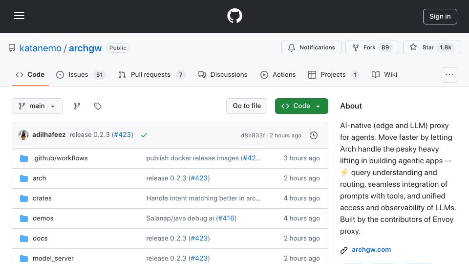 Screenshot of github.com: Show HN: ArchGW – An open-source intelligent proxy server for prompts