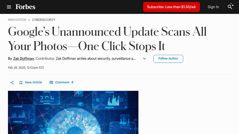 Screenshot of forbes.com: Google's Unannounced Update Scans All Your Photos