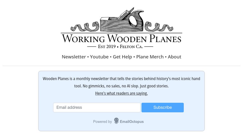 Screenshot of workingwoodenplanes.com: The Planemaker Who Walked Beneath the Water