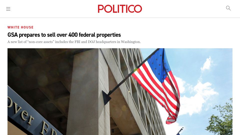 Screenshot of politico.com: GSA prepares to sell over 400 federal properties
