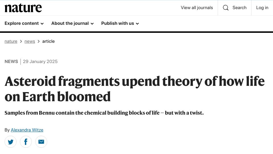 Screenshot of nature.com: Asteroid fragments upend theory of how life on Earth bloomed
