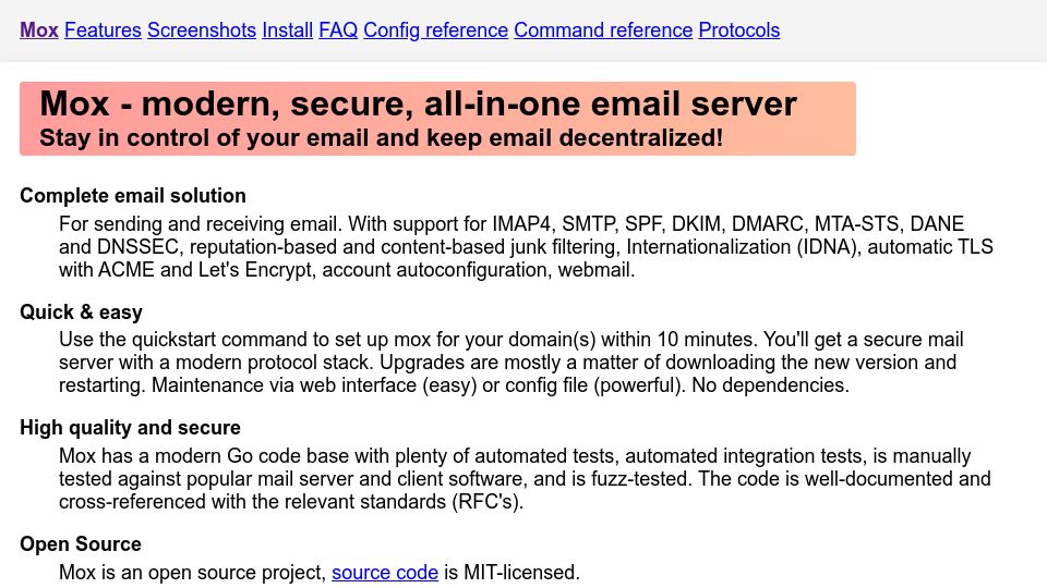 Screenshot of xmox.nl: Mox – modern, secure, all-in-one email server