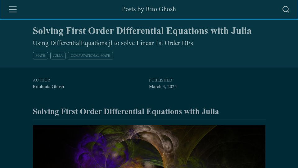 Screenshot of ritog.github.io: Solving First Order Differential Equations with Julia