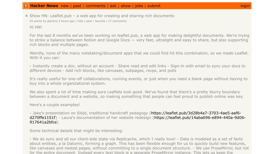 Screenshot of Hacker News post: Show HN: Leaflet.pub – a web app for creating and sharing rich documents