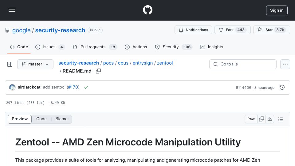 Screenshot of github.com: Zentool – AMD Zen Microcode Manipulation Utility