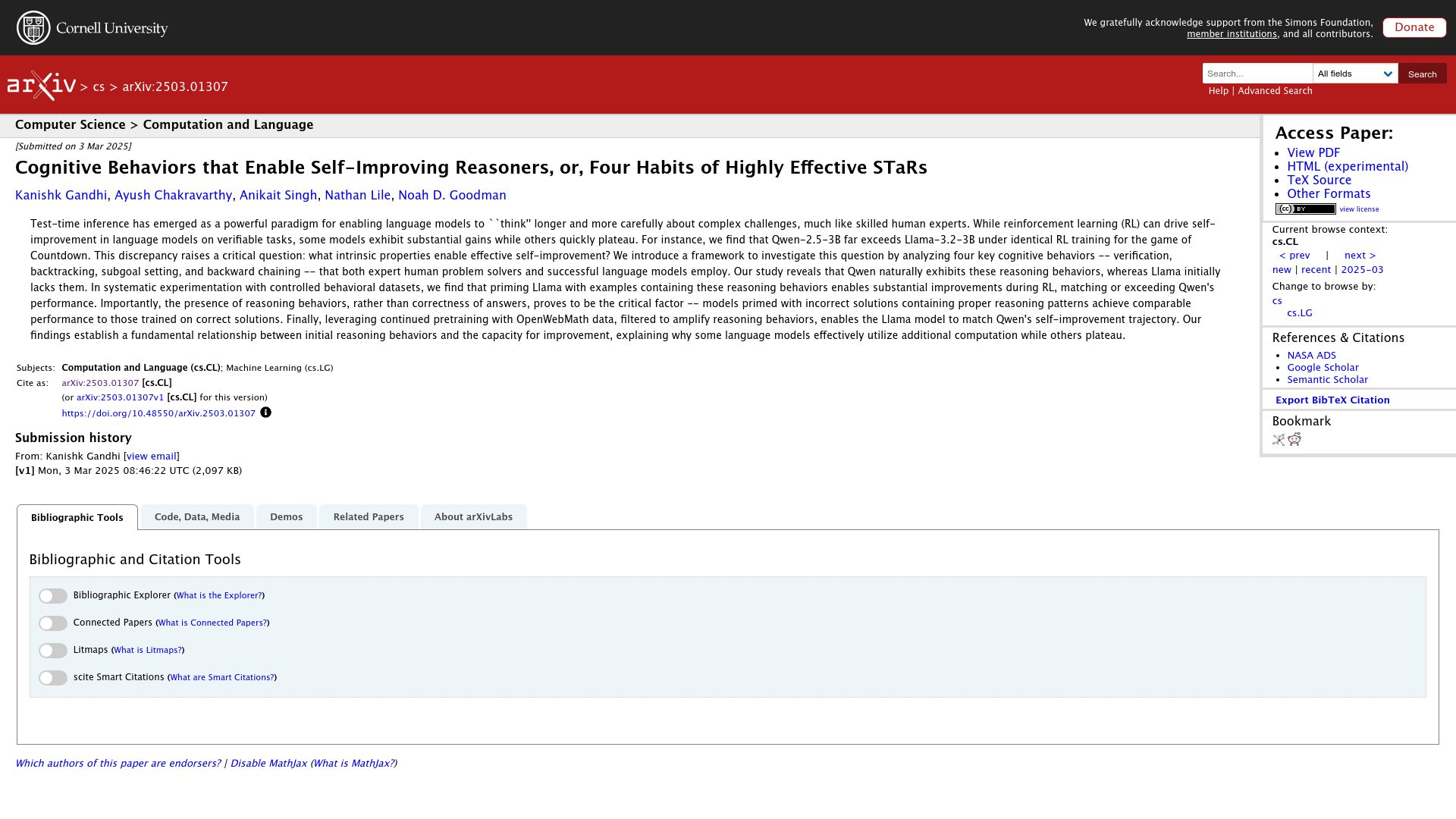 Screenshot of arxiv.org: Cognitive Behaviors That Enable Self-Improving Reasoners