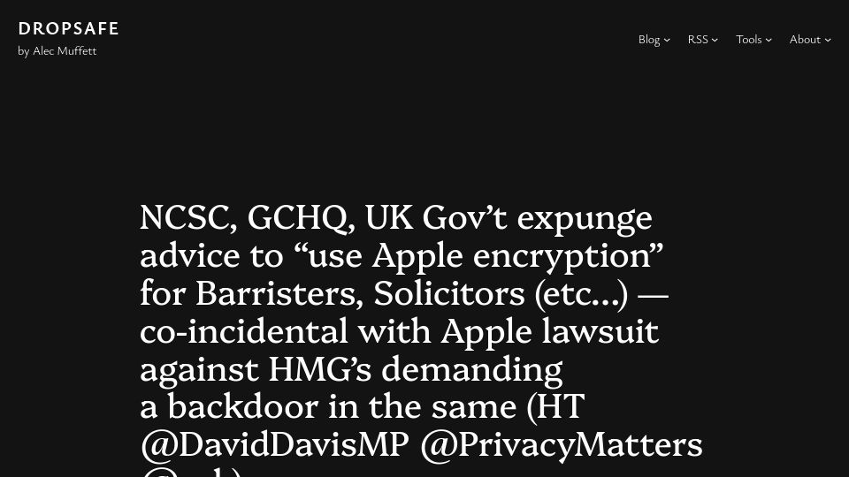 Screenshot of alecmuffett.com: NCSC, GCHQ, UK Gov't expunge advice to “use Apple encryption”