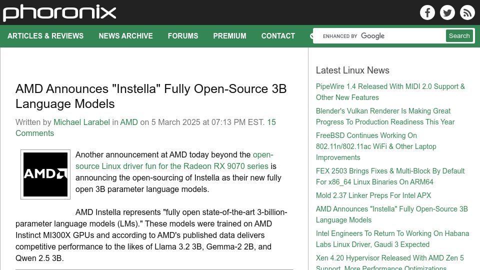 Screenshot of phoronix.com: AMD Announces "Instella" Open-Source 3B Language Models
