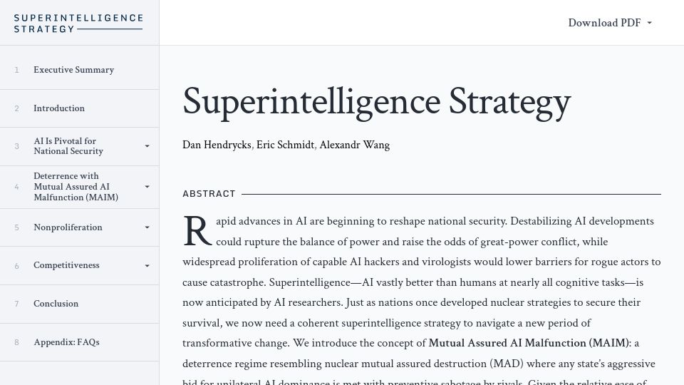 Screenshot of nationalsecurity.ai: Superintelligence Strategy