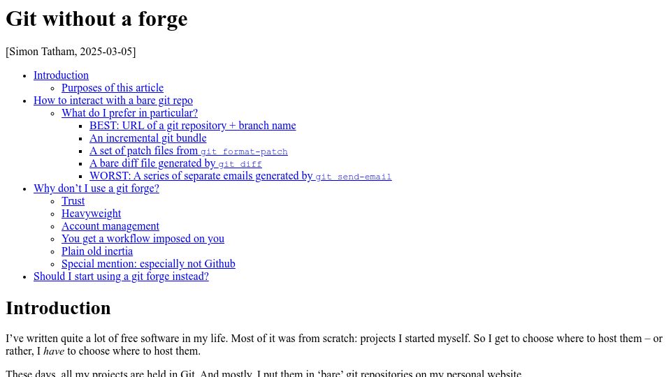 Screenshot of chiark.greenend.org.uk: Git without a forge