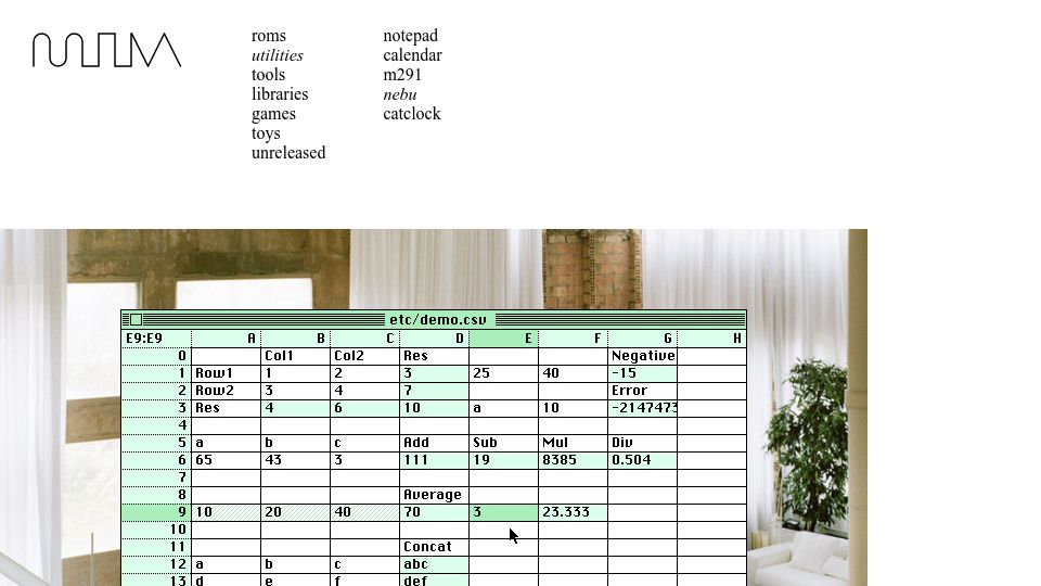 Screenshot of wiki.xxiivv.com: Nebu: A Spreadsheet Editor for Varvara