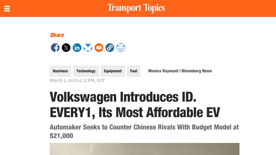 Screenshot of ttnews.com: Volkswagen seeks to counter rivals with budget EV model