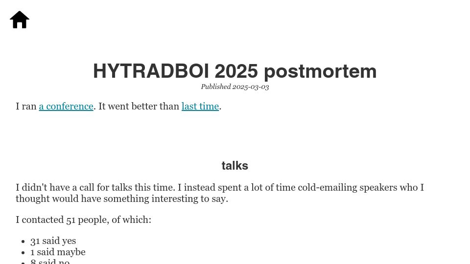 Screenshot of scattered-thoughts.net: HYTRADBOI 2025 Conference Postmortem