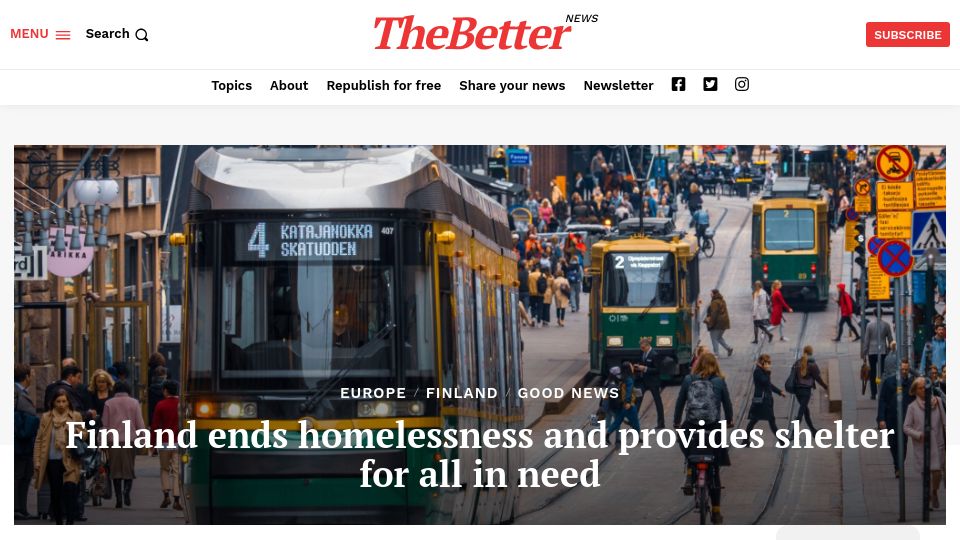 Screenshot of thebetter.news: Finland applies the “Housing First” concept (2020)