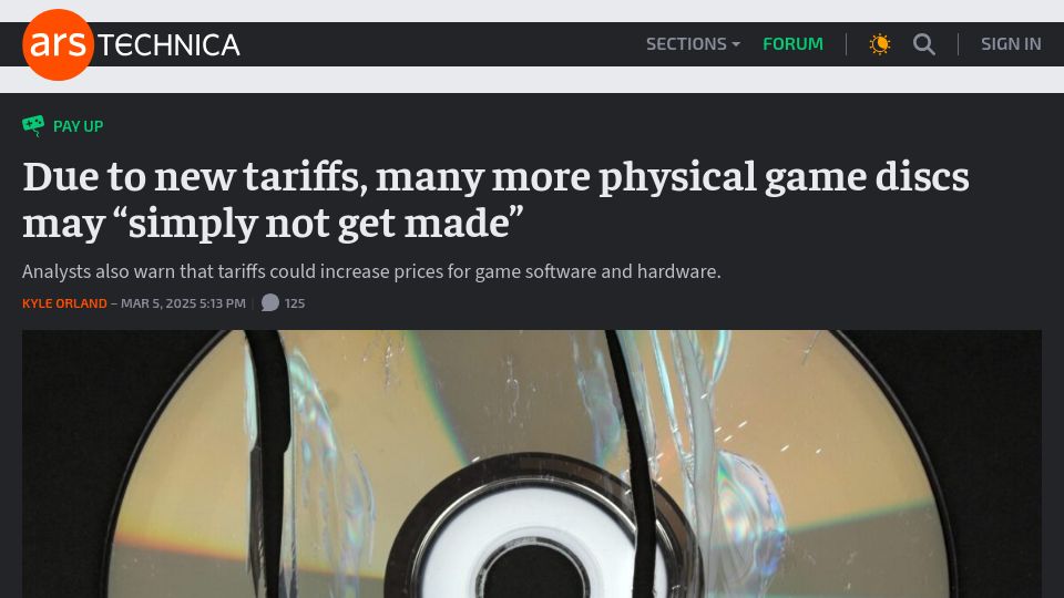 Screenshot of arstechnica.com: Due to new tariffs, many more physical game discs may "simply not get made"