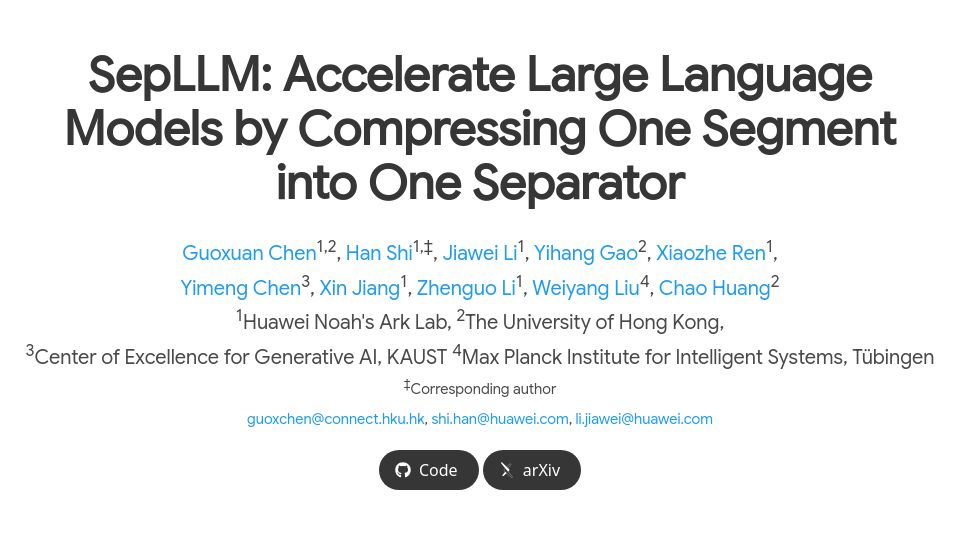 Screenshot of sepllm.github.io: SepLLM: Accelerate LLMs by Compressing One Segment into One Separator